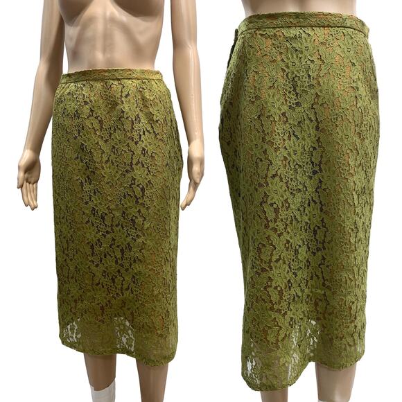 50s 60s Rockabilly Chartreuse LACE Pencil Skirt W 27" - Picture 2 of 9